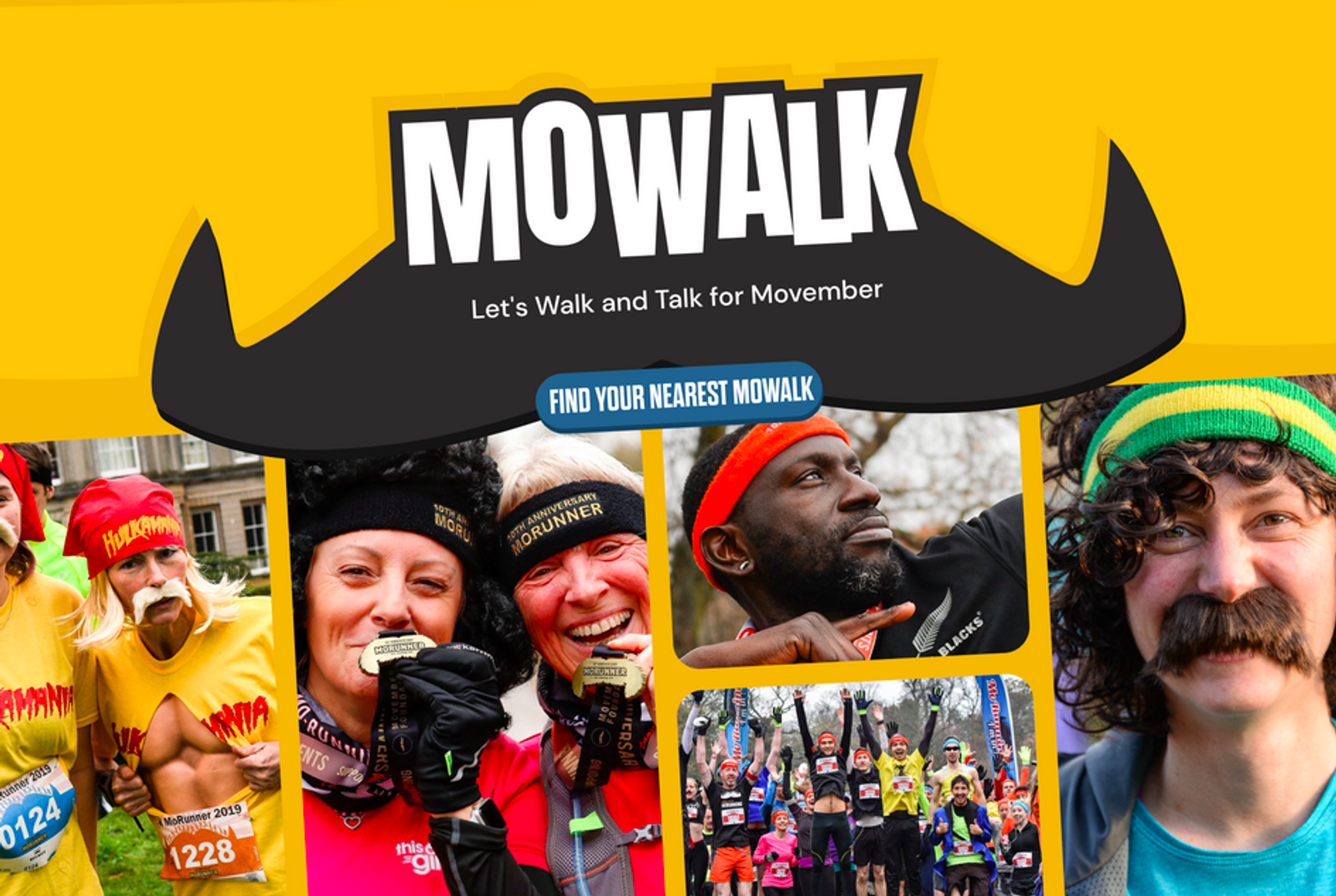 A promotional image for MOWALK, featuring participants in humorous fake mustaches and activewear. The text "MOWALK" and "Let's Walk and Talk for Movember" is displayed prominently at the top. The collage showcases smiling, diverse participants engaging in the event.