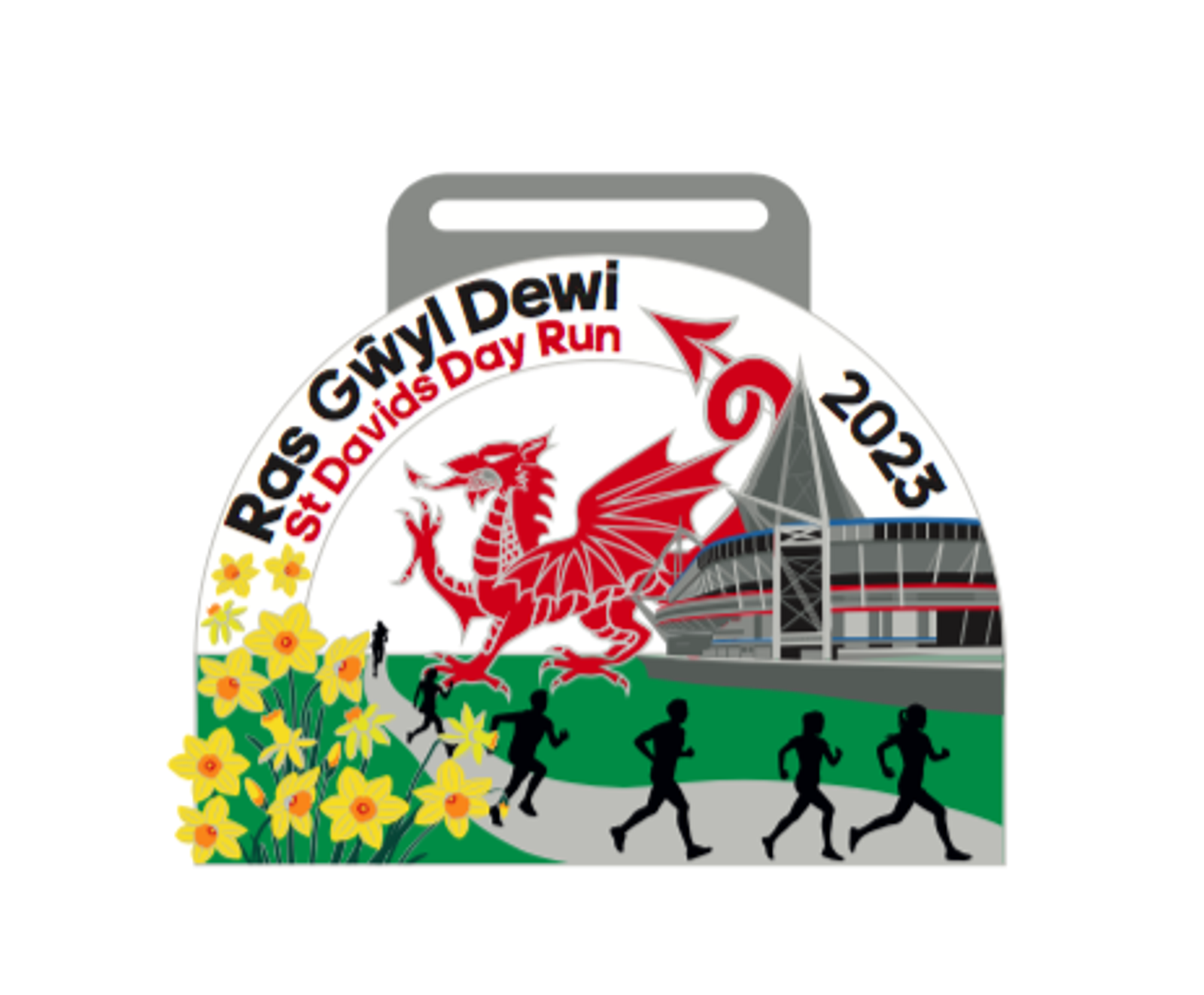 A medal for the Ras Gŵyl Dewi (St. David's Day Run) 2023. The design features a red dragon, daffodils, runners in silhouette, and a stadium in the background. The text reads "Ras Gŵyl Dewi St. David's Day Run 2023.