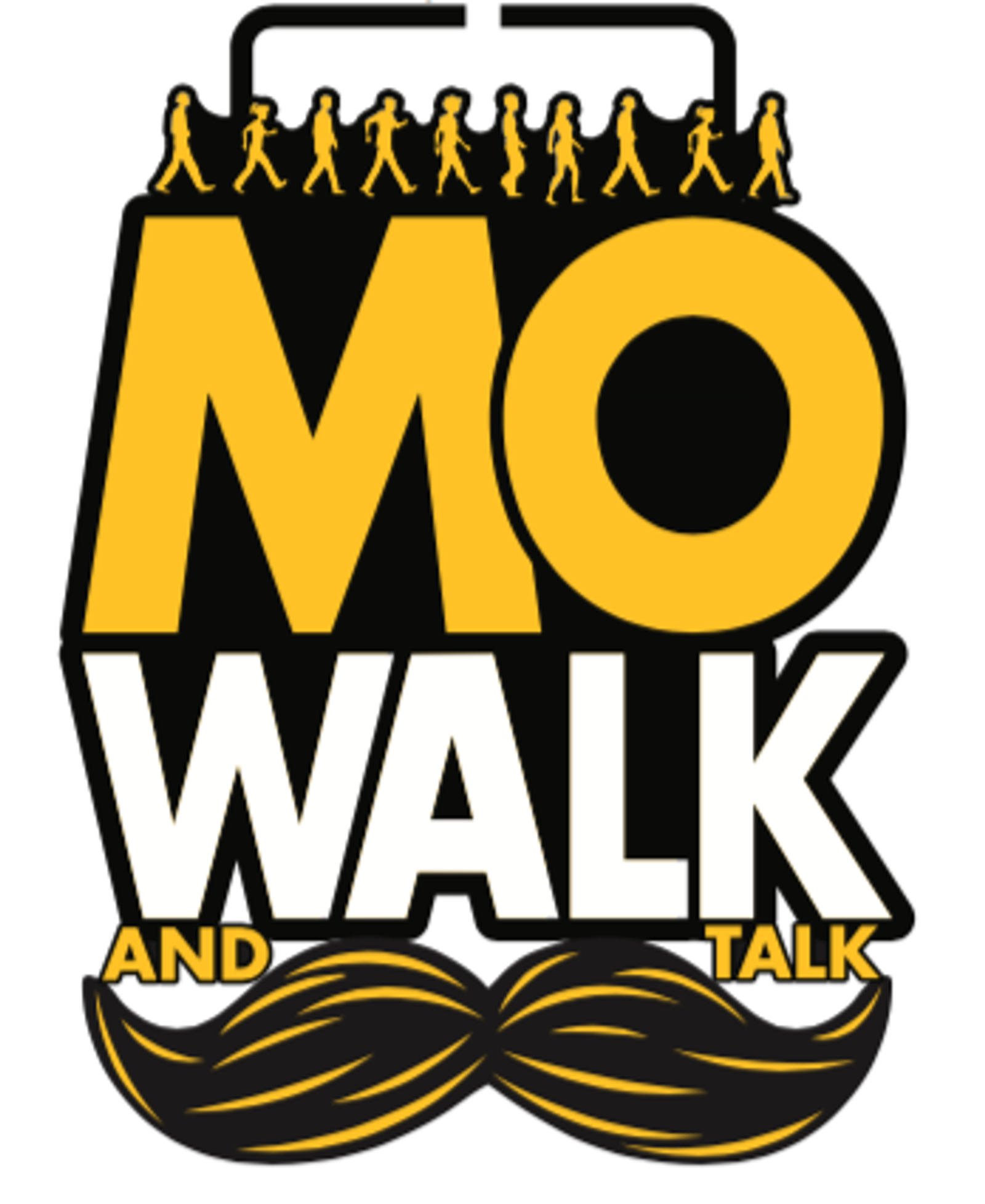 A logo with the large text "MO WALK AND TALK." The letters "MO" are in bold yellow, with silhouettes of people walking on top of the letters. A black and yellow mustache is positioned below the text "WALK AND TALK," which is in white and yellow font, respectively.