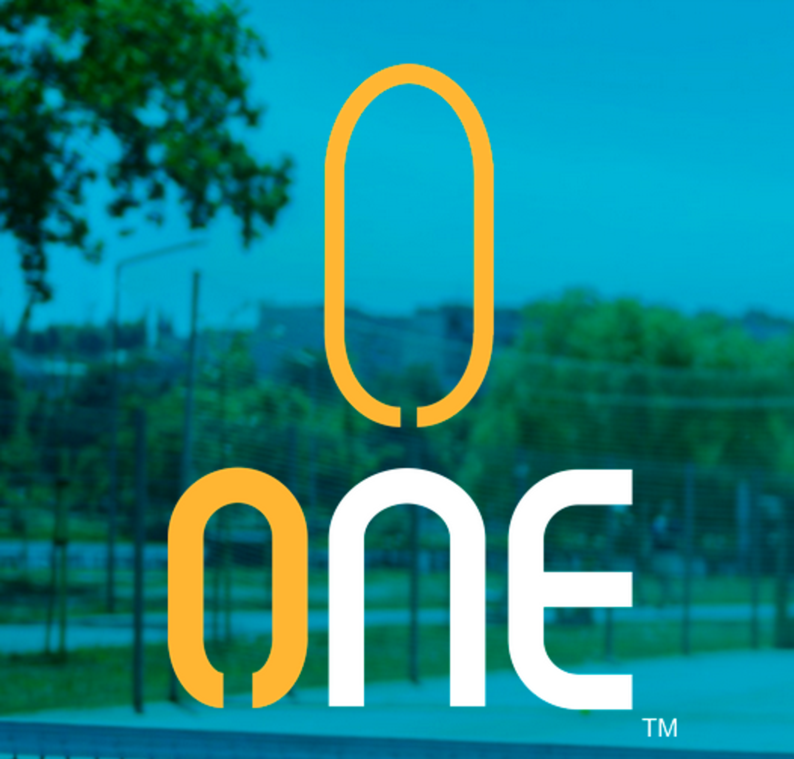 The image features a stylized "One" logo with a large "O" on top of "ne" on a blurred outdoor background. The letters are orange and white against a blue-tinted scene with trees, fences, and paths.