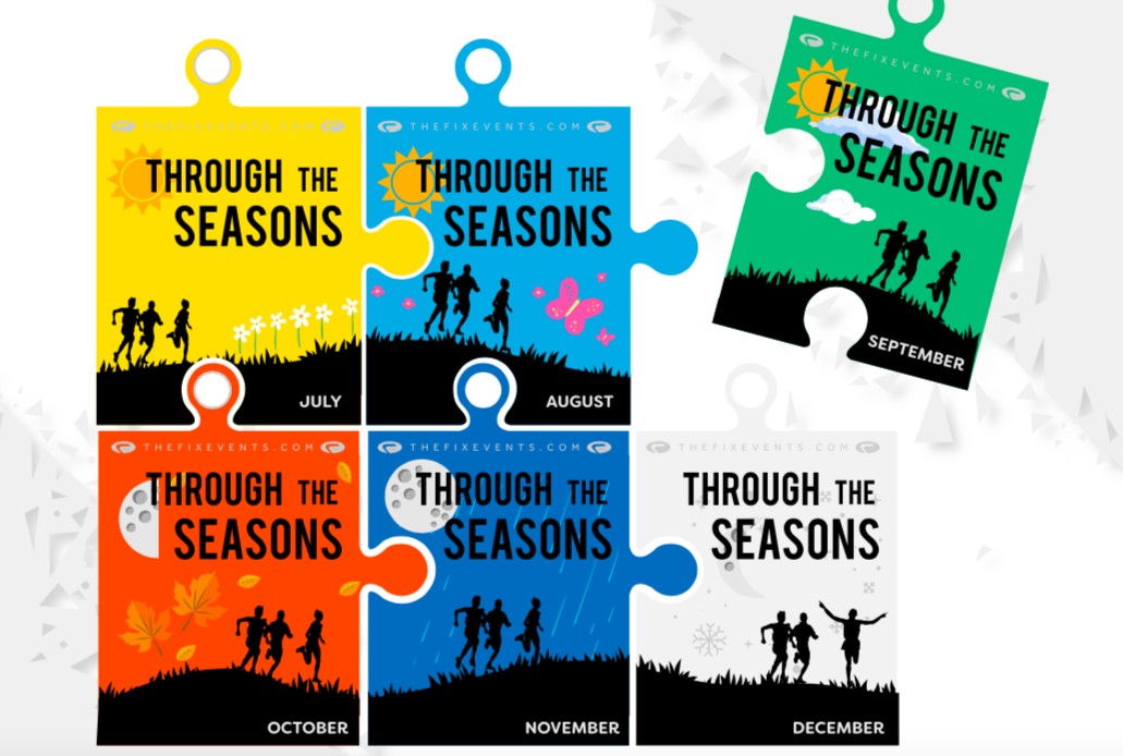 A promotional image for "Through the Seasons" events shows five puzzle pieces representing different months. Each piece features seasonal colors and silhouettes: July (yellow), August (blue), September (green), October (orange), November (blue), and December (white).