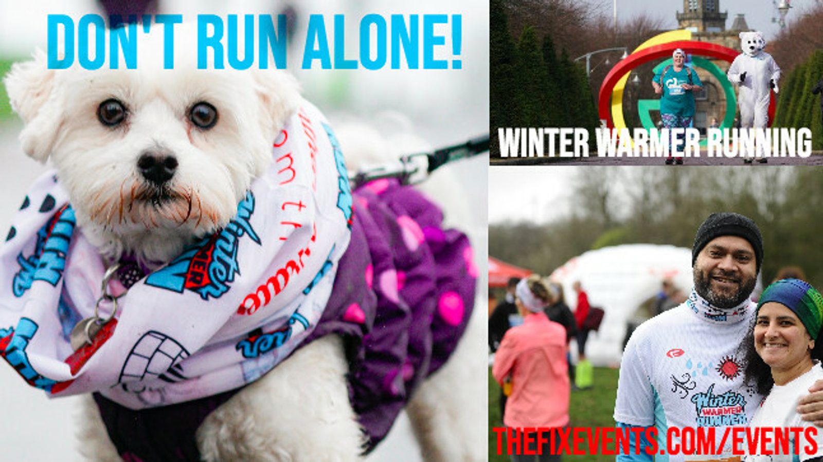 An image collage advertising a running event with text "DON'T RUN ALONE!" at the top. The left shows a small white dog in a decorative outfit. The right has two runners under an inflatable arch and another two smiling participants. Text at the bottom reads "THEFIXEVENTS.COM/EVENTS".