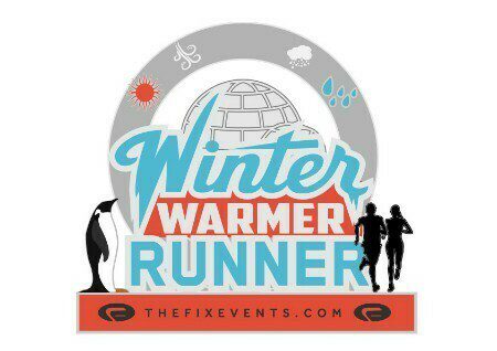 Logo for the "Winter Warmer Runner" event by The Fix Events. The design features a penguin, an igloo, weather icons, and silhouettes of two runners. The URL "THEFIXEVENTS.COM" is displayed at the bottom.