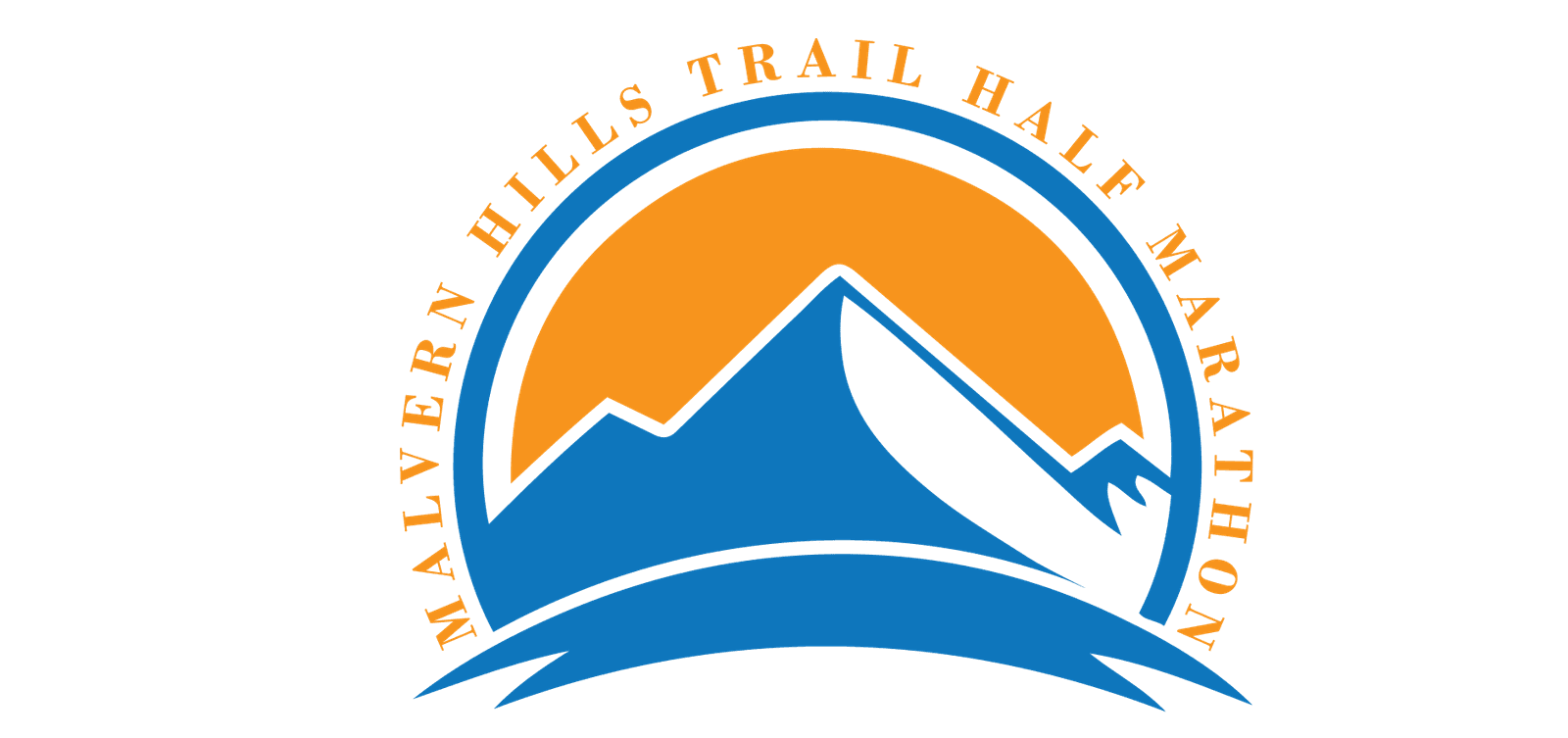 A logo for the Malvern Hills Trail Half Marathon. The design features an orange sun setting or rising behind a blue mountain range with curved text reading "Malvern Hills Trail Half Marathon" surrounding the illustration.