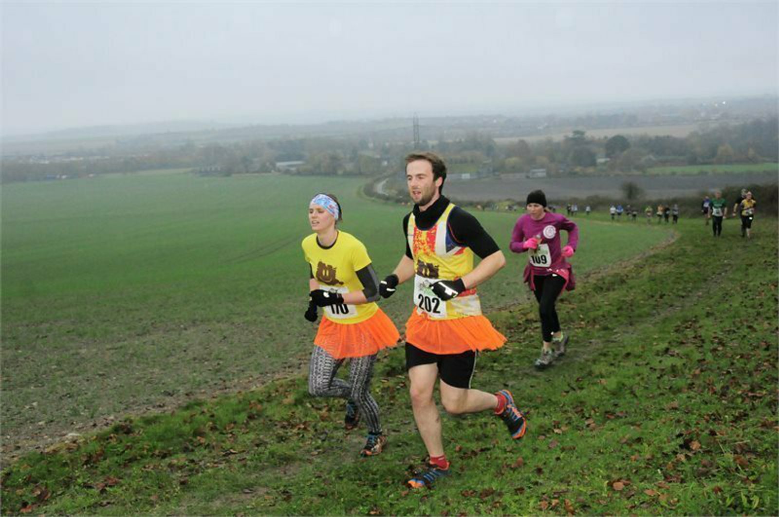 Two runners in brightly colored shirts and orange tutus run uphill on a grassy trail, with a green landscape and another runner trailing behind. Both wear numbered bibs (202 and 140). The background shows a scenic, expansive view with a cloudy sky.