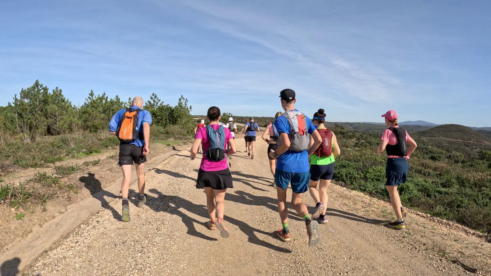 A group of runners on a gravel path in a rural landscape, wearing bright athletic clothing and small backpacks. They are running towards the horizon surrounded by greenery and clear skies.