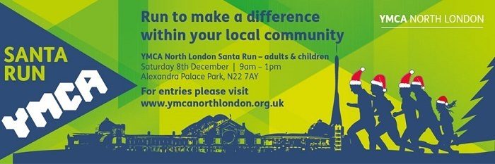 Banner promoting a YMCA Santa Run event. Main text reads, "Run to make a difference within your local community." Details mention the event is on Saturday, 8th December, from 9 am to 1 pm at Alexandra Palace Park. The website for entries is listed. Silhouettes in Santa hats run.