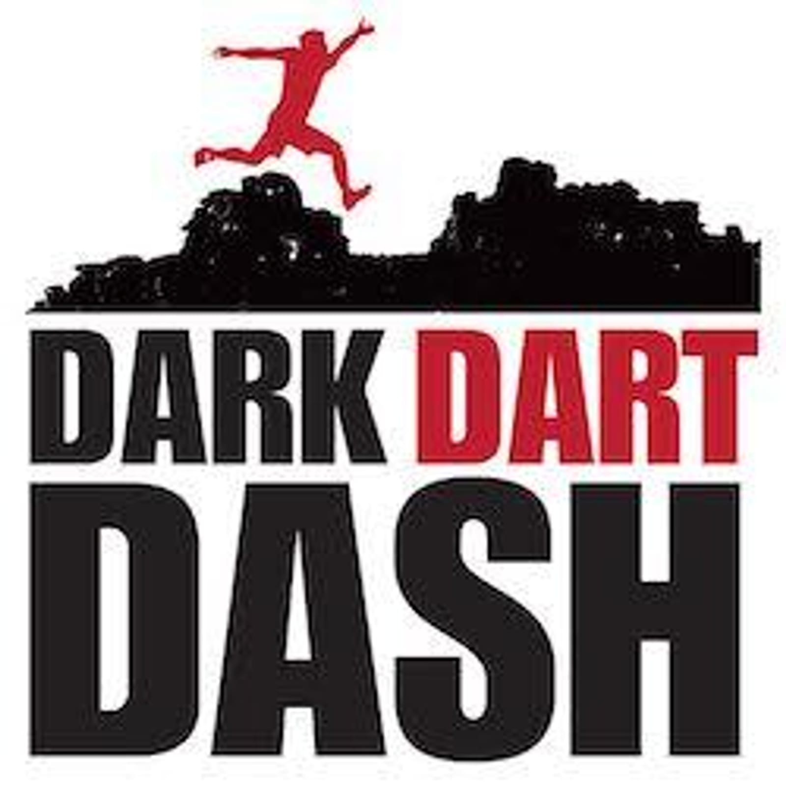 Logo for "Dark Dart Dash". The image shows a silhouette of a person in red jumping over rocks at the top. Below, the text "Dark Dart Dash" is displayed in bold, with "Dart" in red and "Dark" and "Dash" in black.