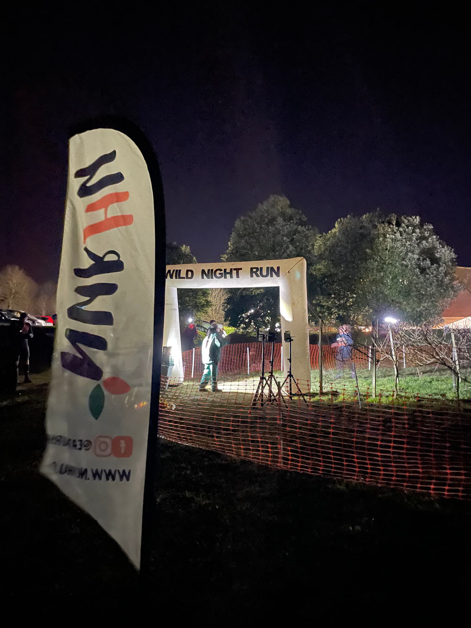A nighttime scene featuring a "Wild Night Run" event. A large inflatable archway with the event name is illuminated, with a person standing underneath. A promotional flag displays logos and social media icons. Trees and an orange safety net are in the background.