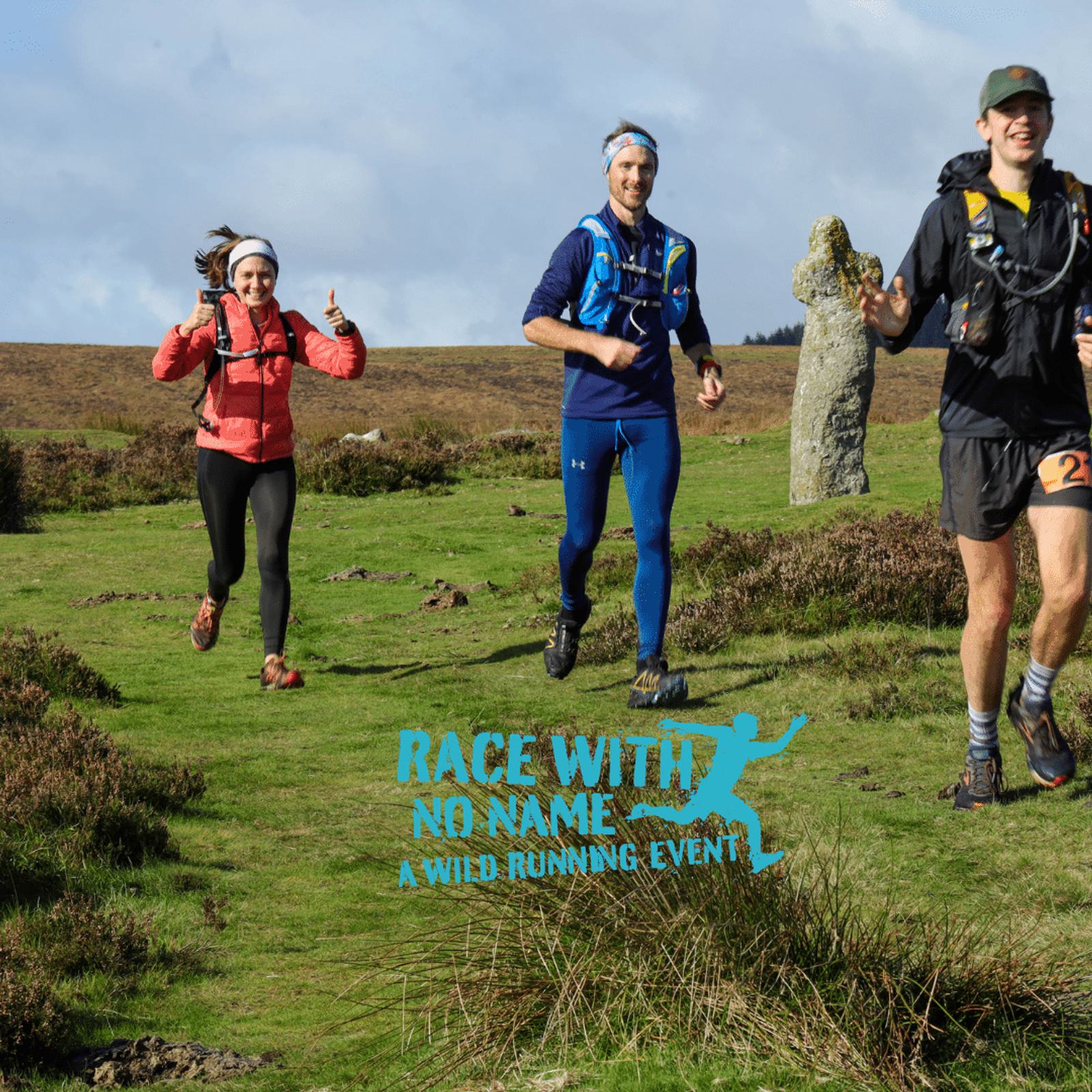 Three runners are participating in an outdoor race on a trail through hilly terrain. They are dressed in athletic gear and wearing race bibs. A banner reading "Race With No Name: A Wild Running Event" is overlaid at the bottom of the image.