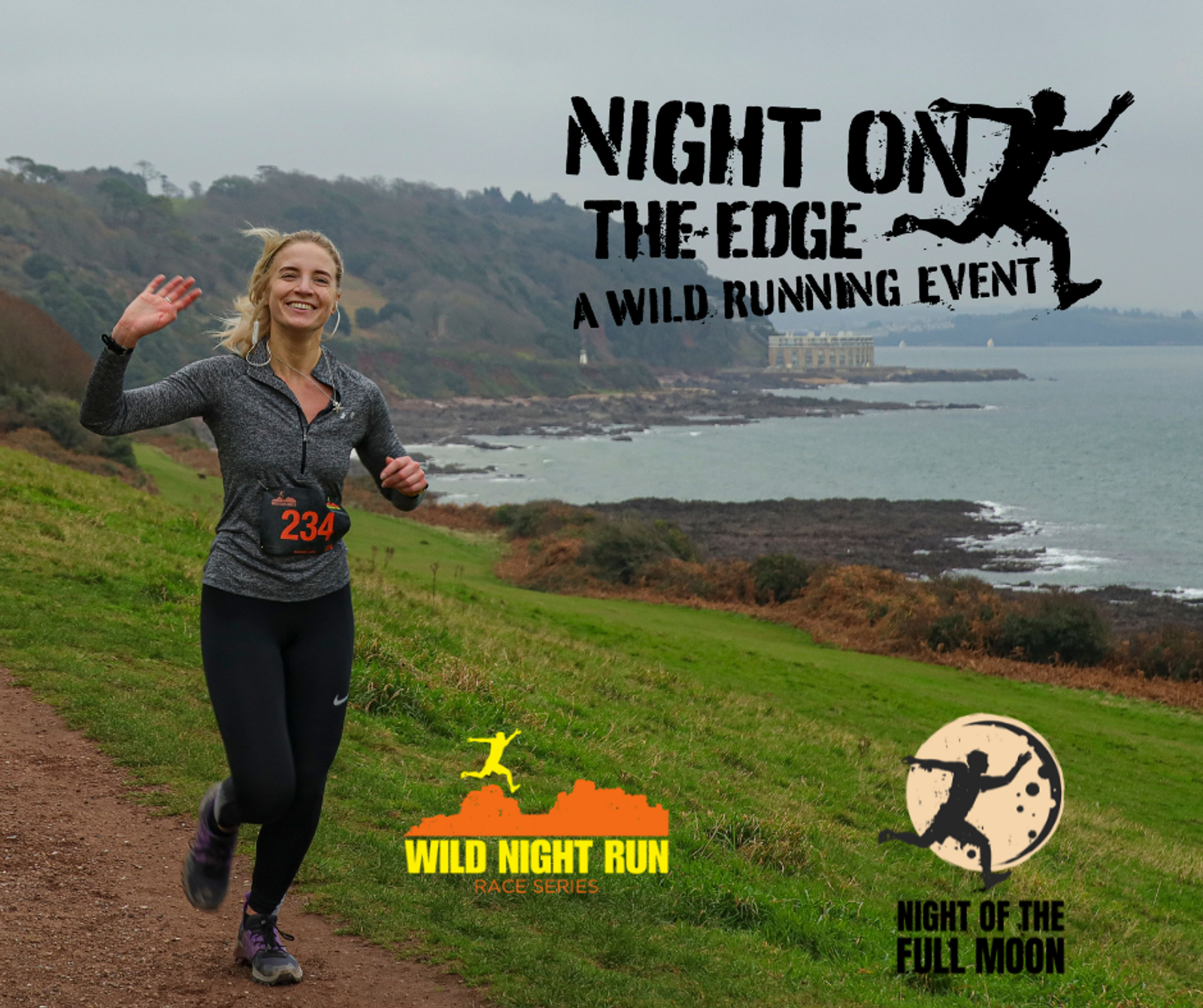 A woman runs on a coastal trail, smiling and waving at the camera. She wears a race bib numbered 234. The image promotes "Night on the Edge," a wild running event, with logos for Wild Night Run Race Series and Night of the Full Moon. The sea is visible to her right.