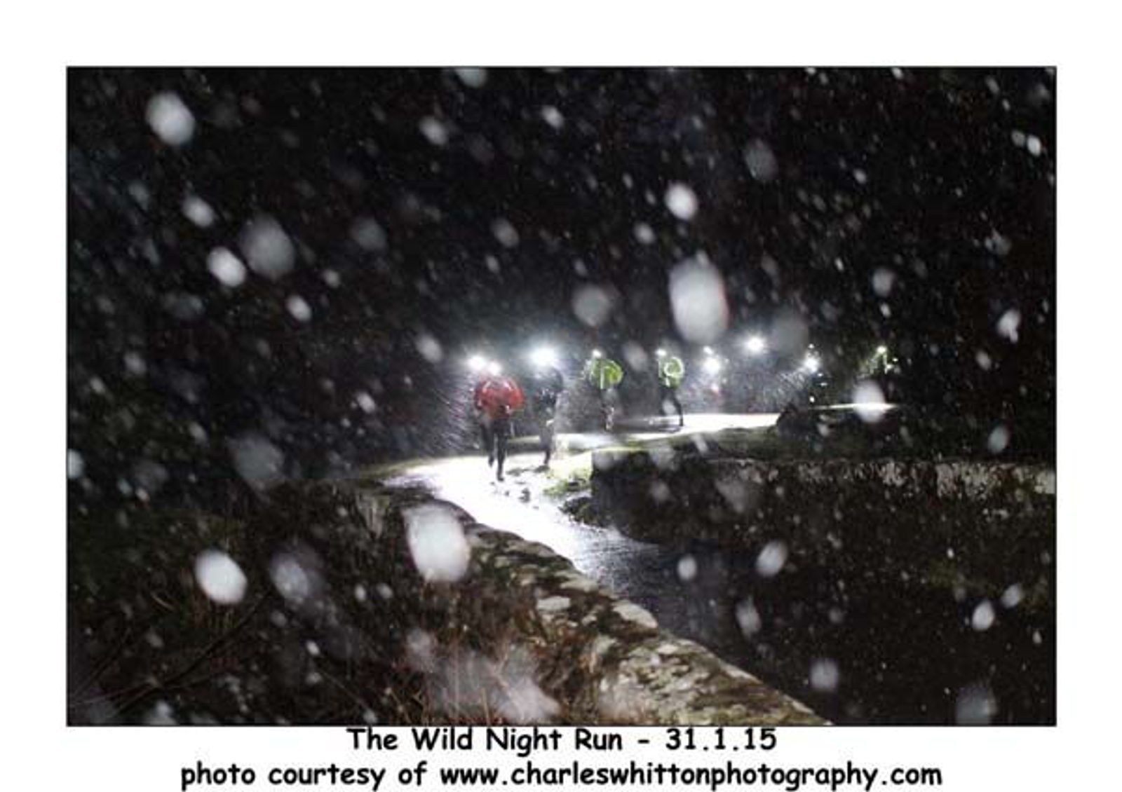 Runners with headlamps navigate a snowy path at night during The Wild Night Run on January 31, 2015. Snowflakes fill the air, and the runners' lights create bright spots in the darkness. Text at the bottom credits the photographer, Charles Whitton.