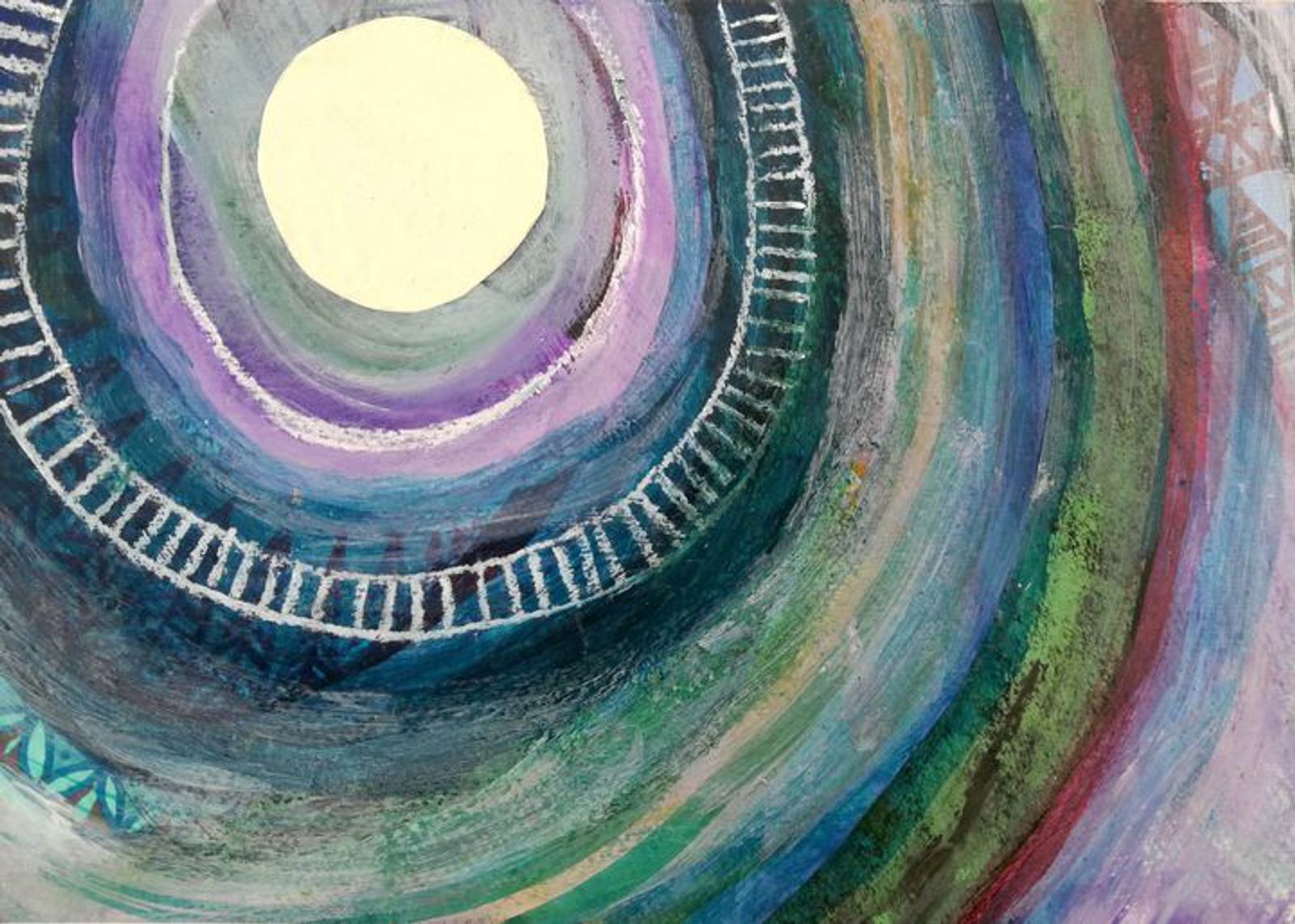 Abstract painting depicting a large, pale yellow circle in the upper left corner, surrounded by concentric rings in shades of purple, blue, and green. Ladder-like patterns and textured brush strokes add intricate details to the vivid and dynamic composition.