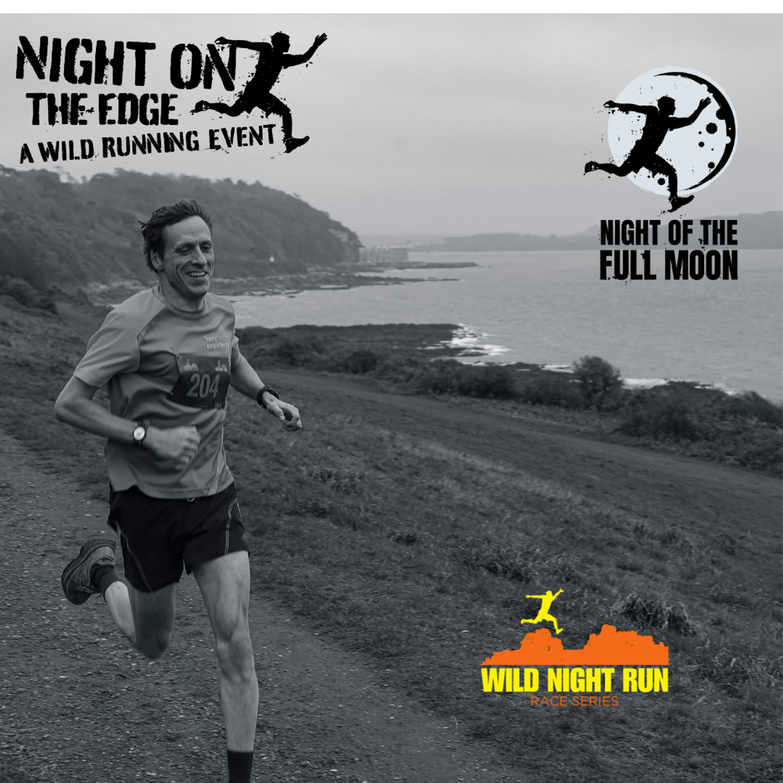 A runner in a race is captured mid-stride on a cliffside trail with the ocean in the background. The image features logos for "Night On The Edge: A Wild Running Event," "Night of the Full Moon," and "Wild Night Run Race Series." The runner wears a bib numbered 204.