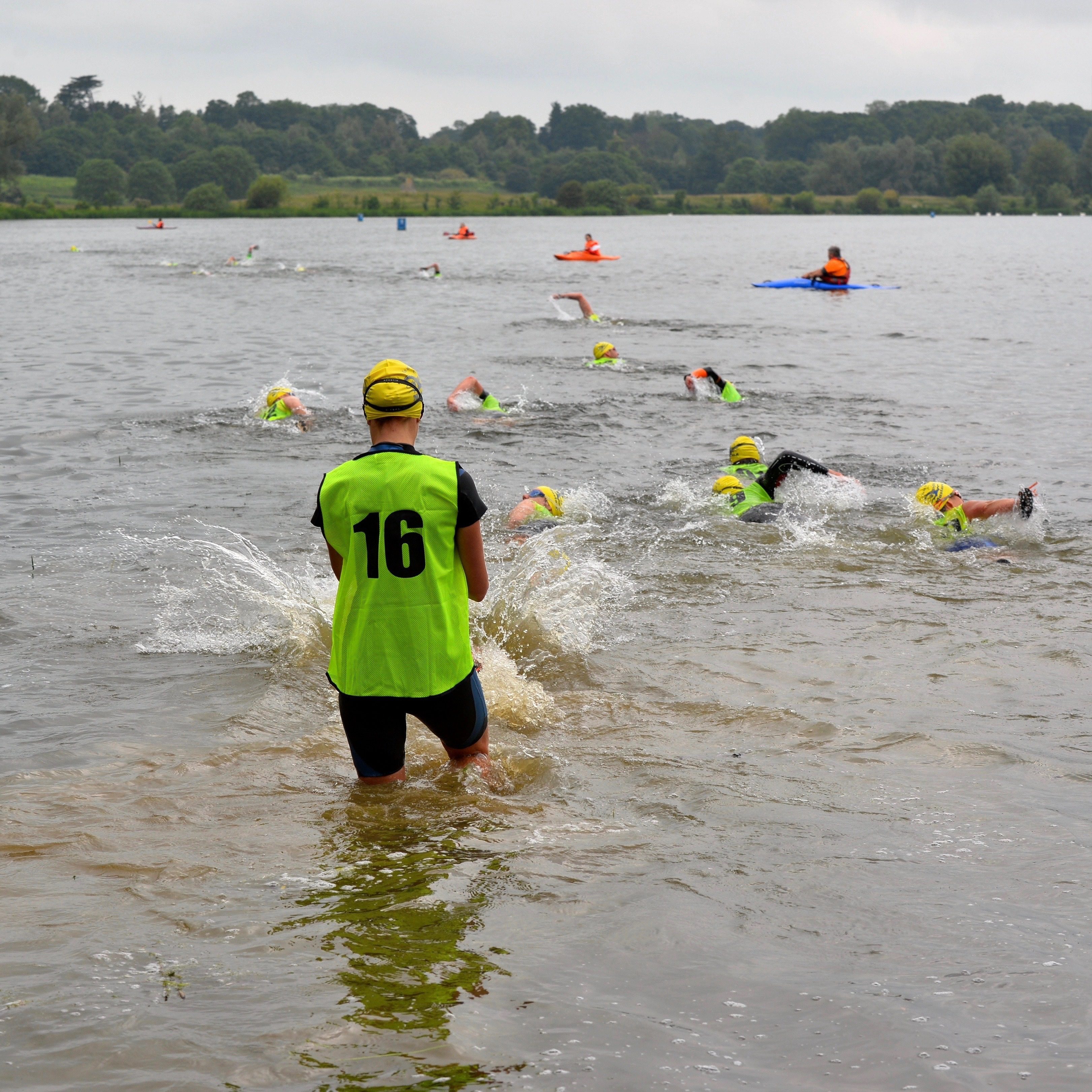 A group of swimmers with yellow caps and wetsuits swim in a lake during a race. A person in a green vest with the number 16 stands in the water, observing. Kayakers float nearby on the lake. The background features trees and a cloudy sky.