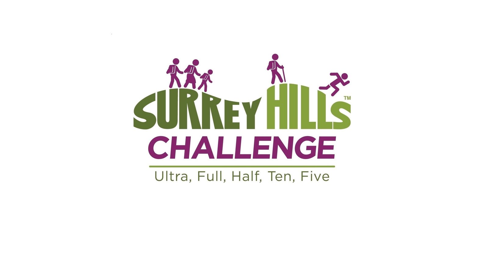Surrey Hills Challenge logo featuring green text and purple accents with stylized figures running and hiking. The event offers different race distances: Ultra, Full, Half, Ten, and Five.