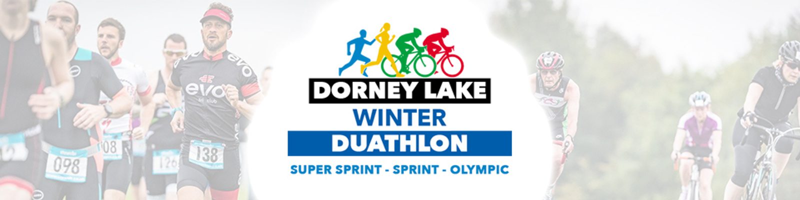 Banner for the Dorney Lake Winter Duathlon. The graphic at the top shows icons of a runner, cyclist, and swimmer. Below, text reads "Dorney Lake Winter Duathlon" with subcategories "Super Sprint - Sprint - Olympic." Several athletes are visible running and cycling.