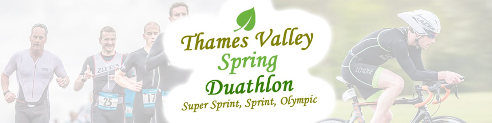 A banner for the Thames Valley Spring Duathlon featuring the event title in green font with a leaf graphic. The background shows athletes running and cycling, with text highlighting Super Sprint, Sprint, and Olympic categories.