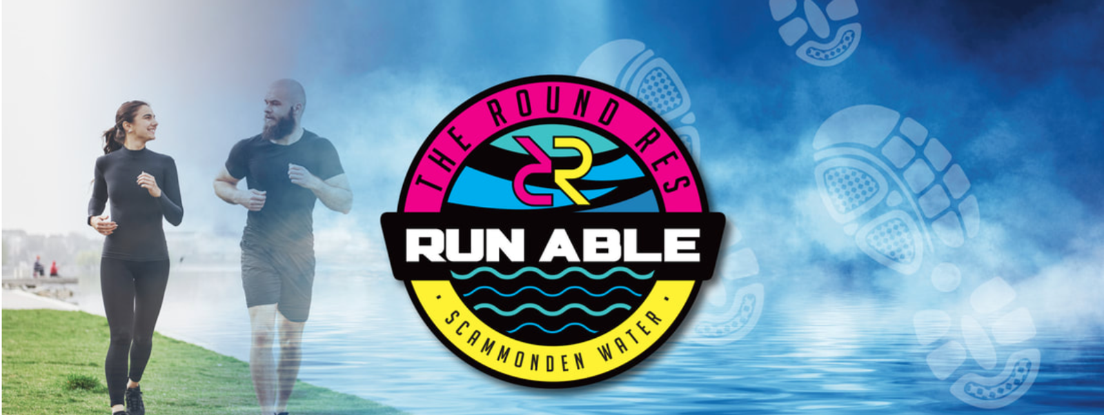 A man and woman in athletic wear running outdoors by a body of water. The image features a colorful circular logo in the center with the text: "The Round Res Scammonden Water" and the words "Run Able" in bold letters. Blue cloud and footprint graphics are in the background.