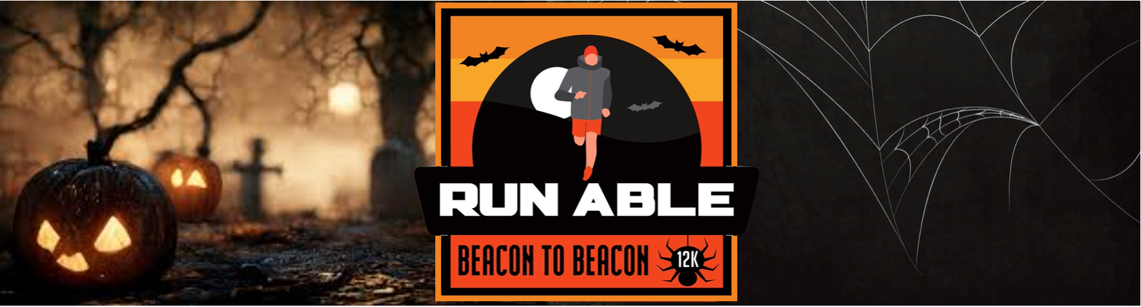 An eerie Halloween-themed image featuring jack-o'-lanterns with glowing faces on the left, a "Run Able Beacon to Beacon 12k" logo in the center, showing a runner silhouette, and a dark background on the right with web-like patterns.