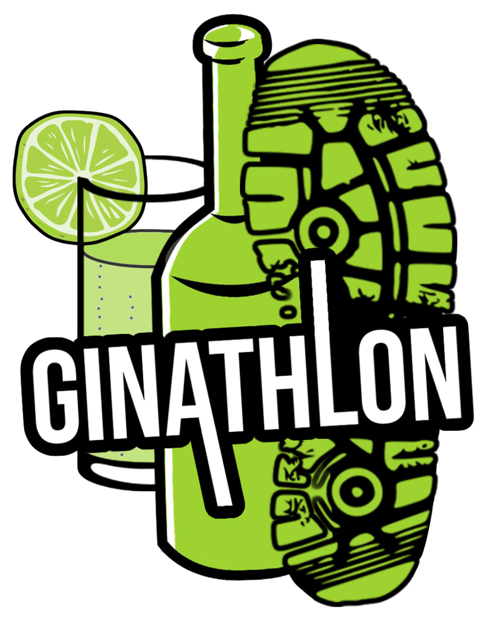 A logo features a green bottle, a glass with a slice of lime, and part of a shoe tread pattern. The word "GINATHLON" is boldly written across the elements. The overall theme suggests a combination of gin and athletic activity.