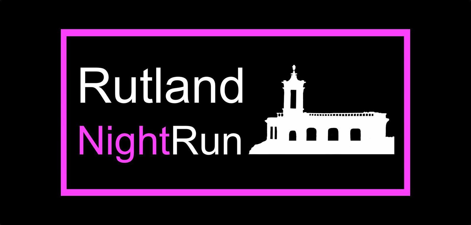 A graphic for "Rutland NightRun" features a silhouette of a historic building next to the event name. "Rutland" is in white, while "NightRun" is in purple. The design is set against a black background with a pink border.