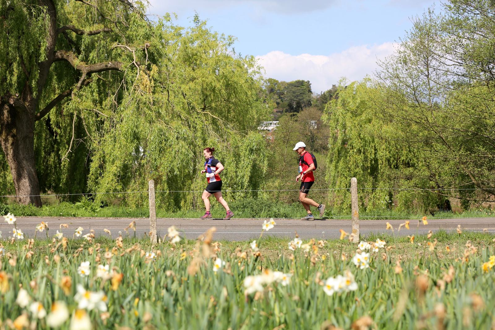 Two people run on a paved path next to a field of blooming daffodils. Both are wearing athletic gear; one in a red shirt and the other in a dark shirt. Trees with lush green foliage are in the background beneath a partly cloudy sky.
