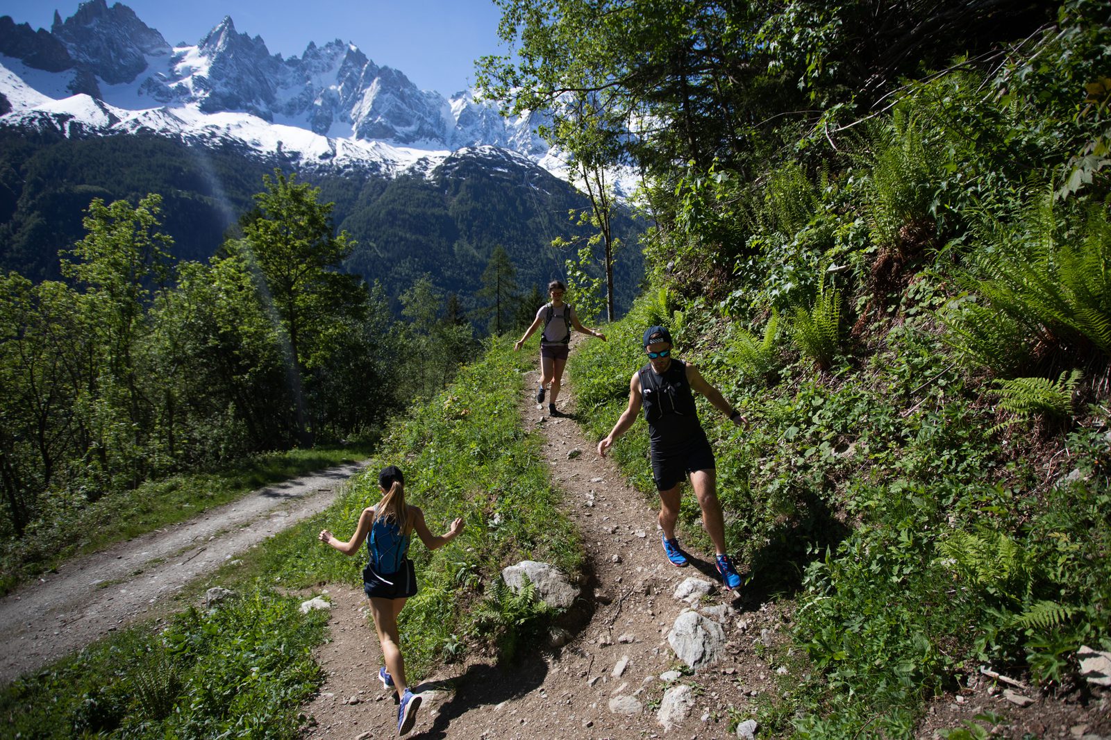 Three people trail running on a narrow path amidst lush greenery. They are descending a mountainous trail with clear, blue skies and snow-capped peaks visible in the background. The group is surrounded by dense foliage and a vibrant natural landscape.