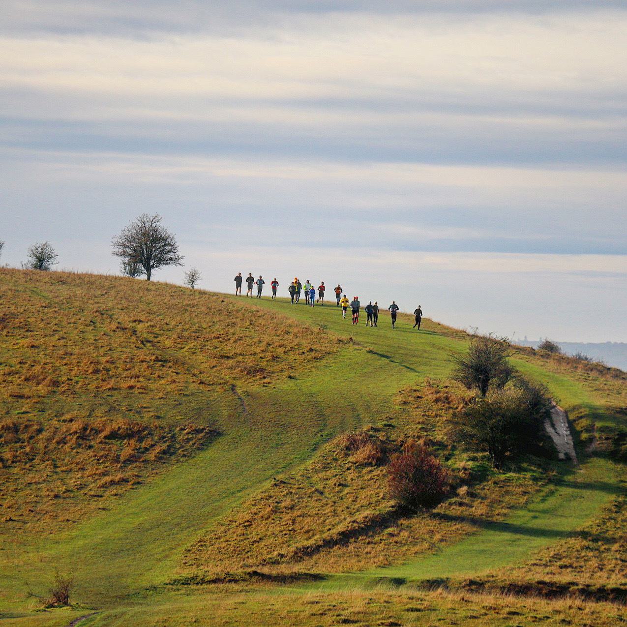A group of people running on a grassy hillside under a cloudy sky. There are sparse trees and bushes along the path, and the terrain is slightly undulating. The runners are spread out across the horizon against the backdrop of open landscape.