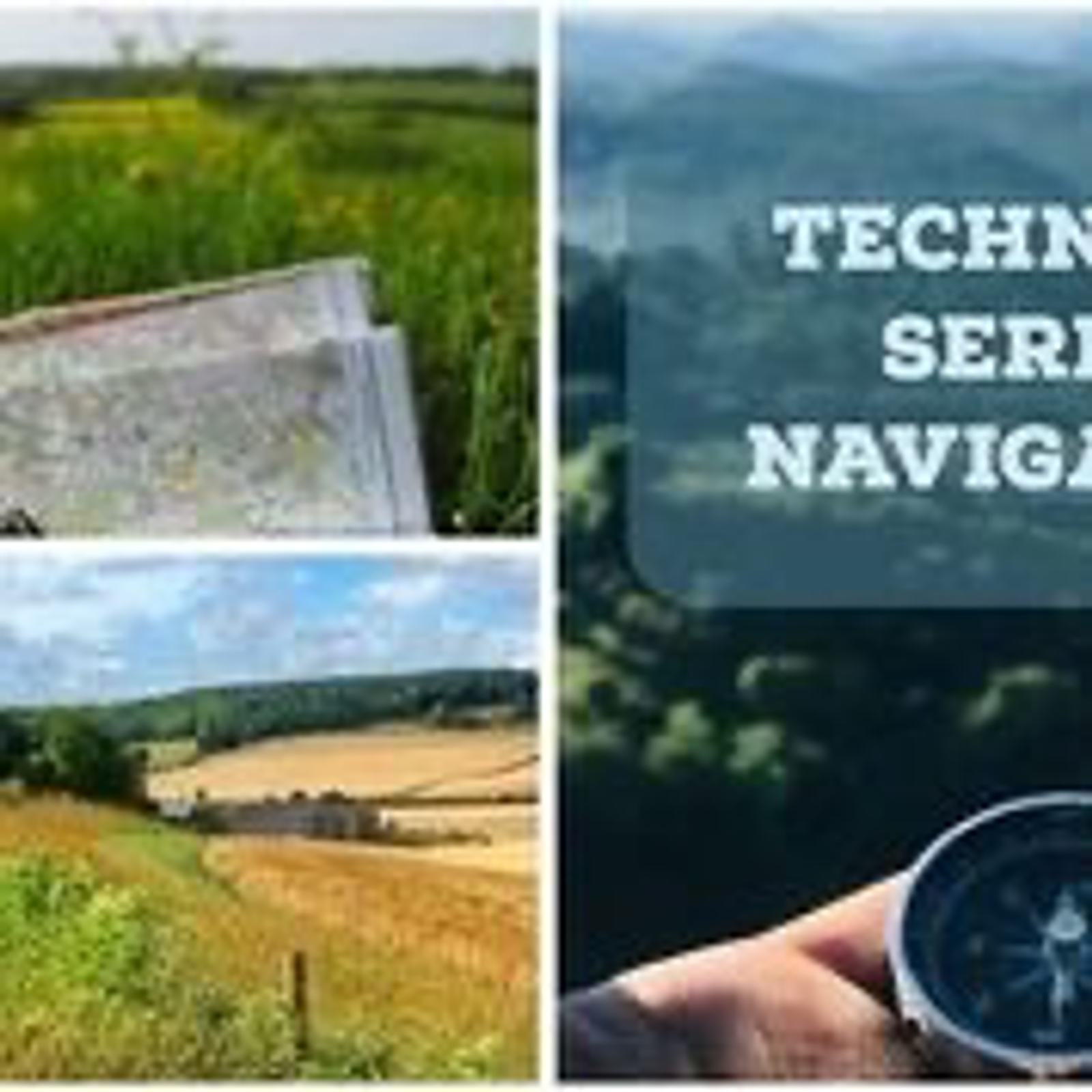 A collage of four images: Top left shows a map in a grassy area; top right has the words "TECHNIQUES, SERIES, NAVIGATION" overlaying a mountainous landscape; bottom left depicts a scenic view of fields and hills; bottom right features a hand holding a compass.