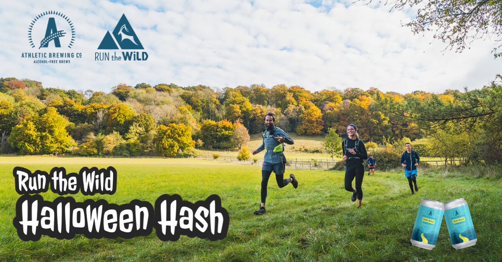 Three people are running through a grassy field with colorful autumn trees in the background. The sky is clear, and the atmosphere is cheerful. A text reading "Run the Wild Halloween Hash" and logos for "Athletic Brewing Co" and "Run the Wild" are visible.