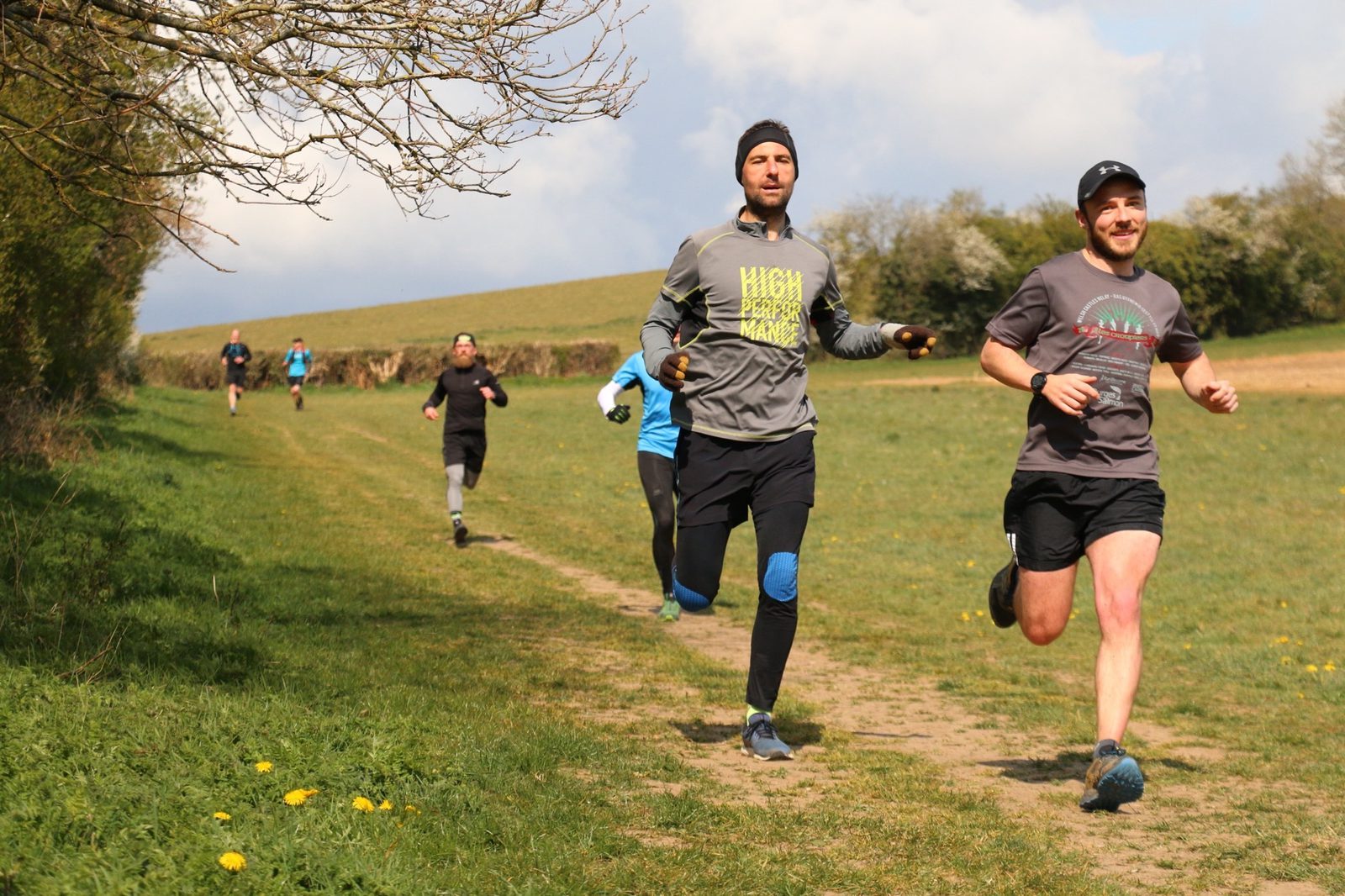 A group of runners jogs along a grassy trail under a partly cloudy sky, with fields and trees surrounding them. The lead runners wear athletic gear, including shorts and long-sleeve tops, while others follow closely behind. The atmosphere appears upbeat and energetic.