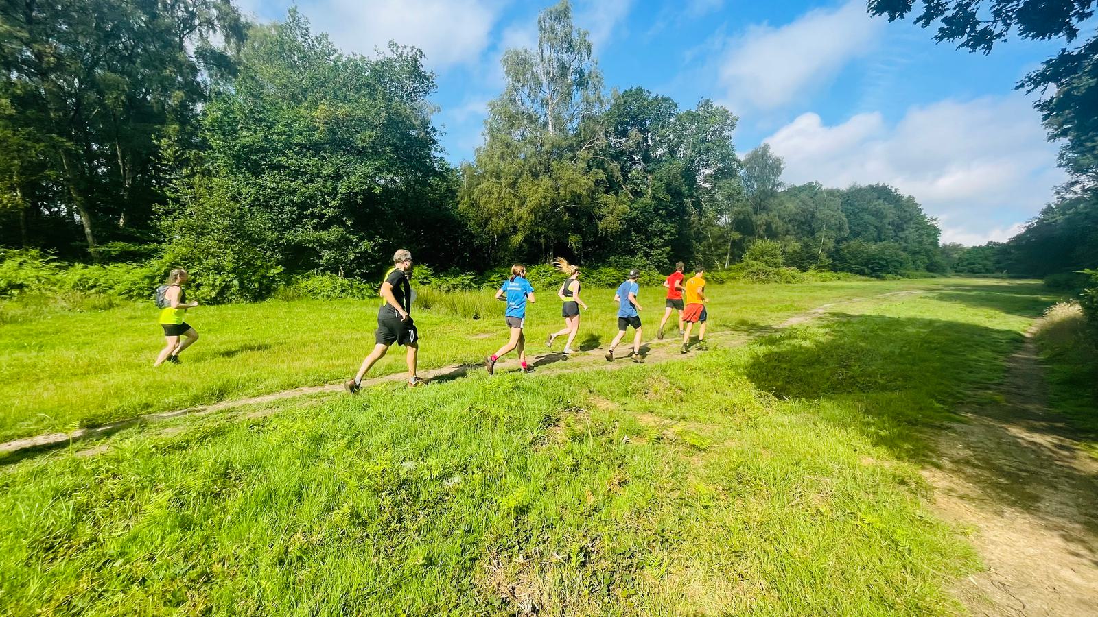 A group of people running together on a narrow dirt path through a lush green forest under a bright blue sky with scattered clouds. The runners wear colorful athletic clothing and are surrounded by tall trees and grass.