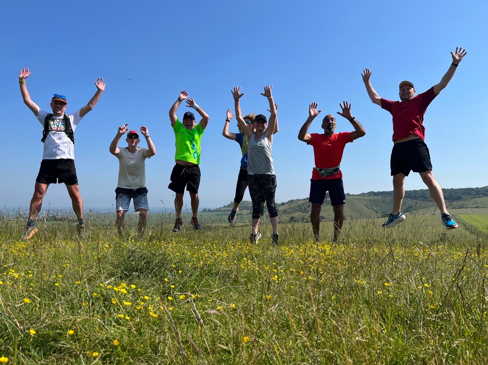 A group of seven people jumps in the air over a grassy field with scattered yellow flowers. They are dressed in athletic clothing and appear to be enjoying a sunny day outdoors. The sky is clear and blue, and hills can be seen in the background.