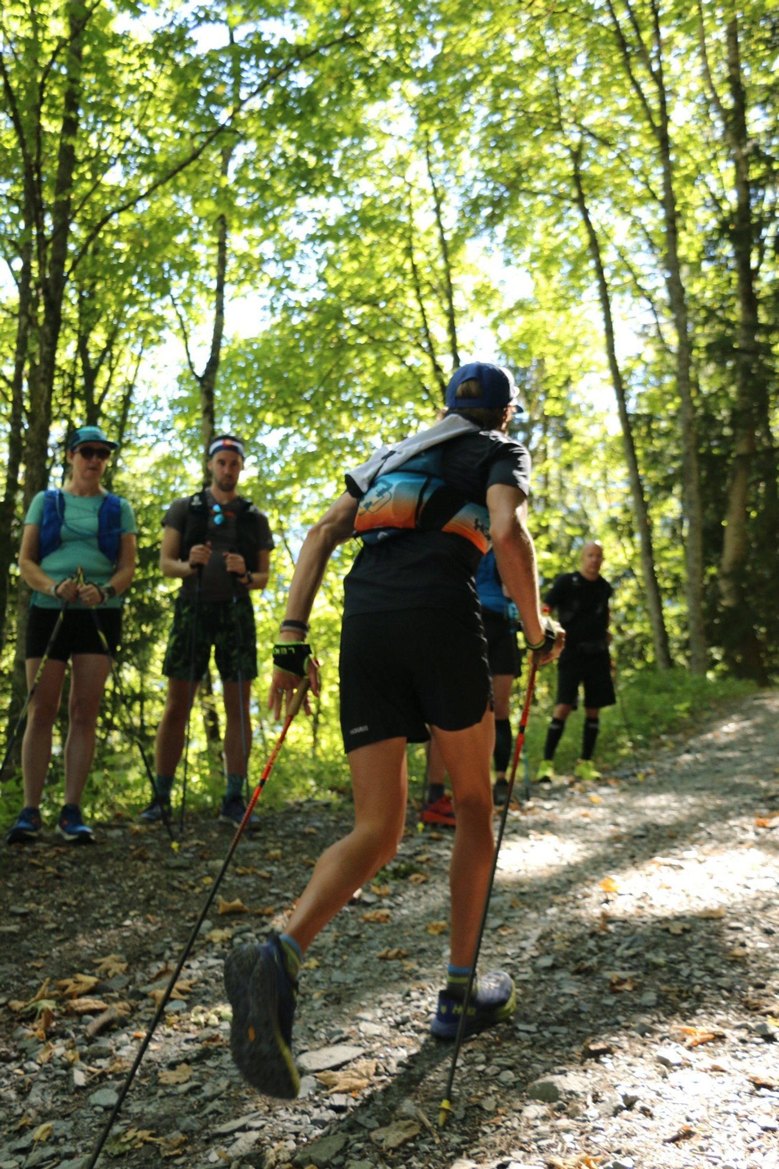 A person wearing hiking gear and using trekking poles ascends a forest trail. Surrounded by lush green trees, several other hikers stand nearby, watching while taking a break. Sunlight filters through the branches, casting dappled light on the path and hikers.