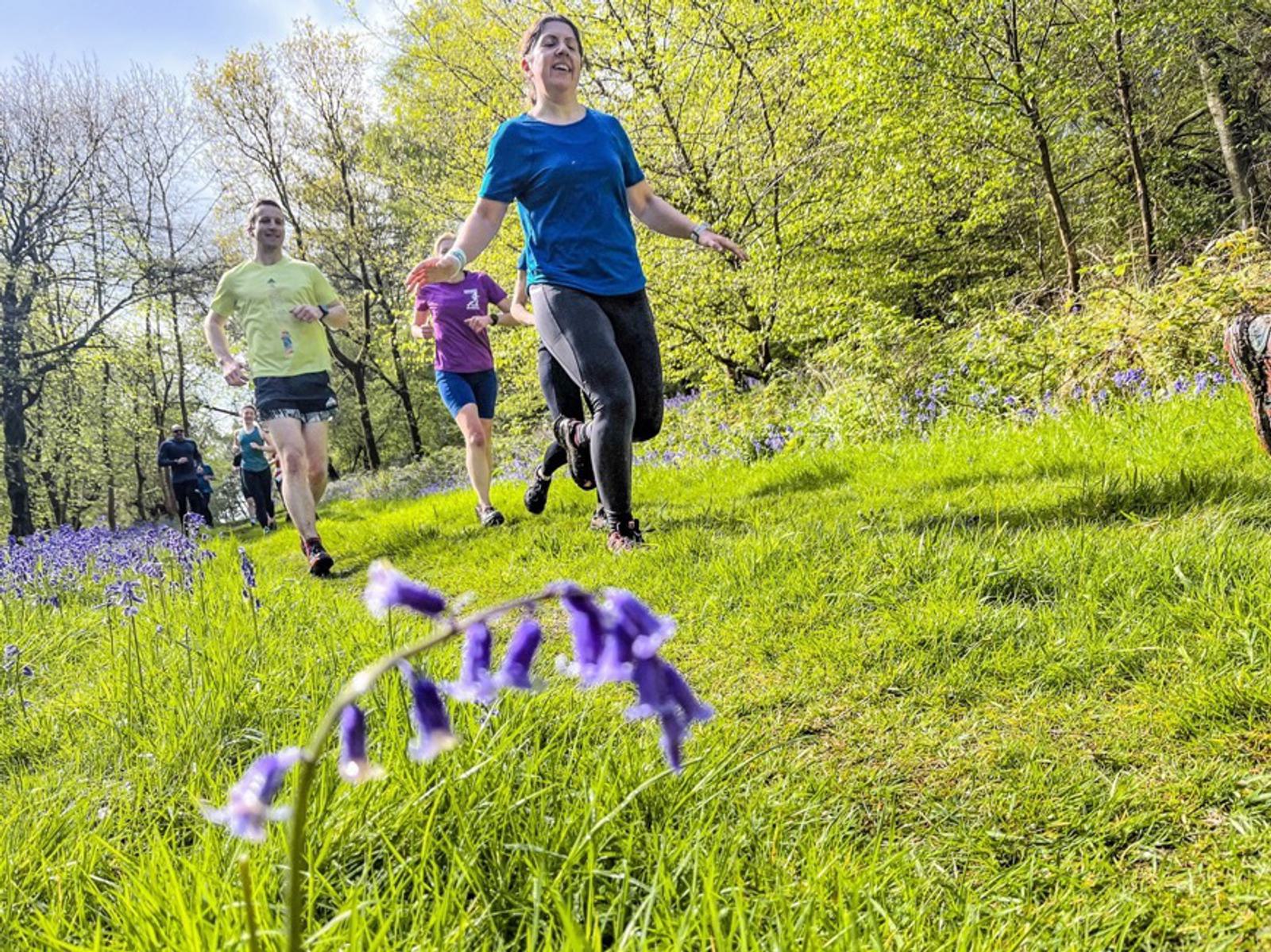 A group of people jog through a lush green forest in spring, smiling as they pass by a patch of purple flowers. Sunlight filters through the trees, highlighting the vibrant foliage and blooming flowers.