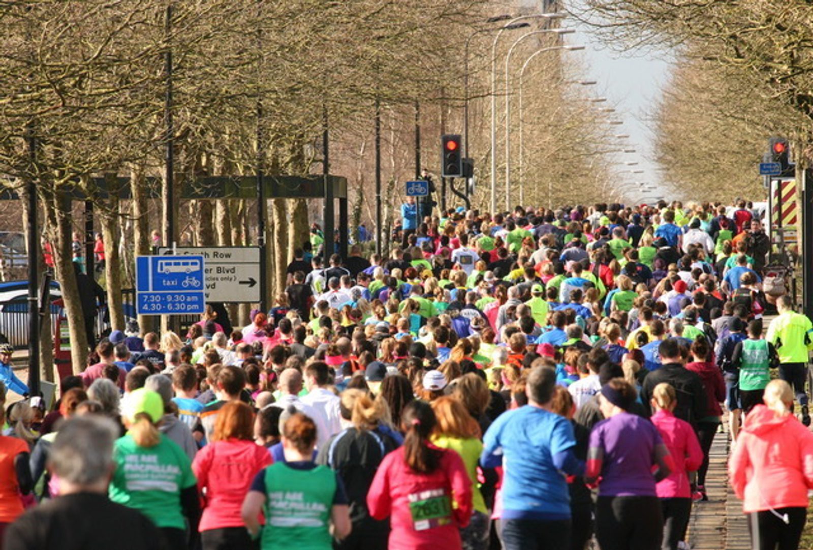 A large crowd of runners participating in a marathon on a tree-lined road. People are wearing a variety of colorful athletic clothing. A street sign and traffic lights are visible on the left side of the road. The day appears bright and clear.