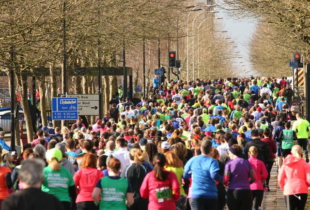 A large crowd of runners participating in a marathon on a tree-lined road. People are wearing a variety of colorful athletic clothing. A street sign and traffic lights are visible on the left side of the road. The day appears bright and clear.