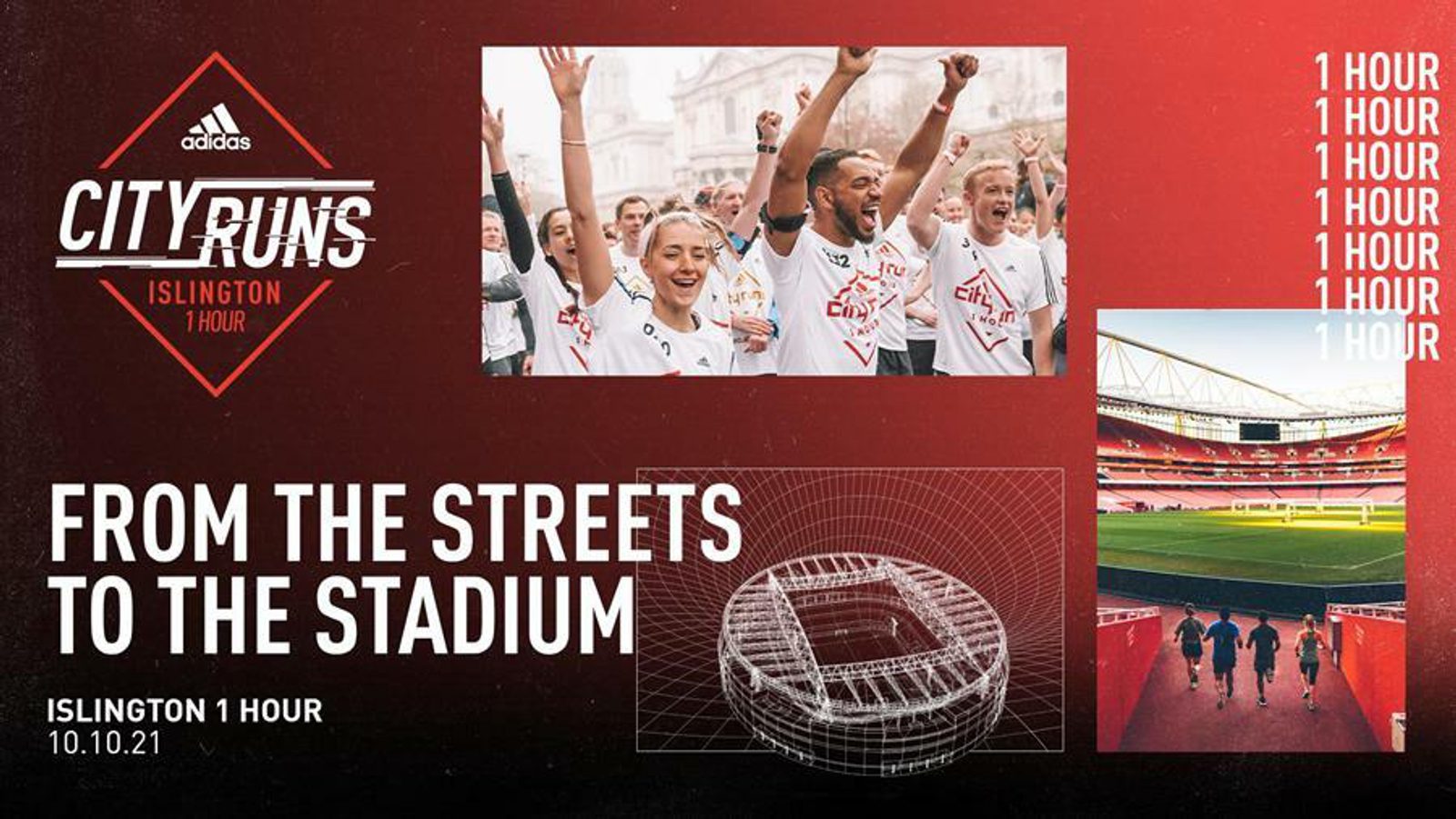 A promotional image for Adidas City Runs: Islington 1 Hour event. The central image shows a cheering crowd in white Adidas athletic wear. To the right, photos depict a running group entering a stadium, the stadium interior, and an hour countdown repeated. Event date: 10.10.21.