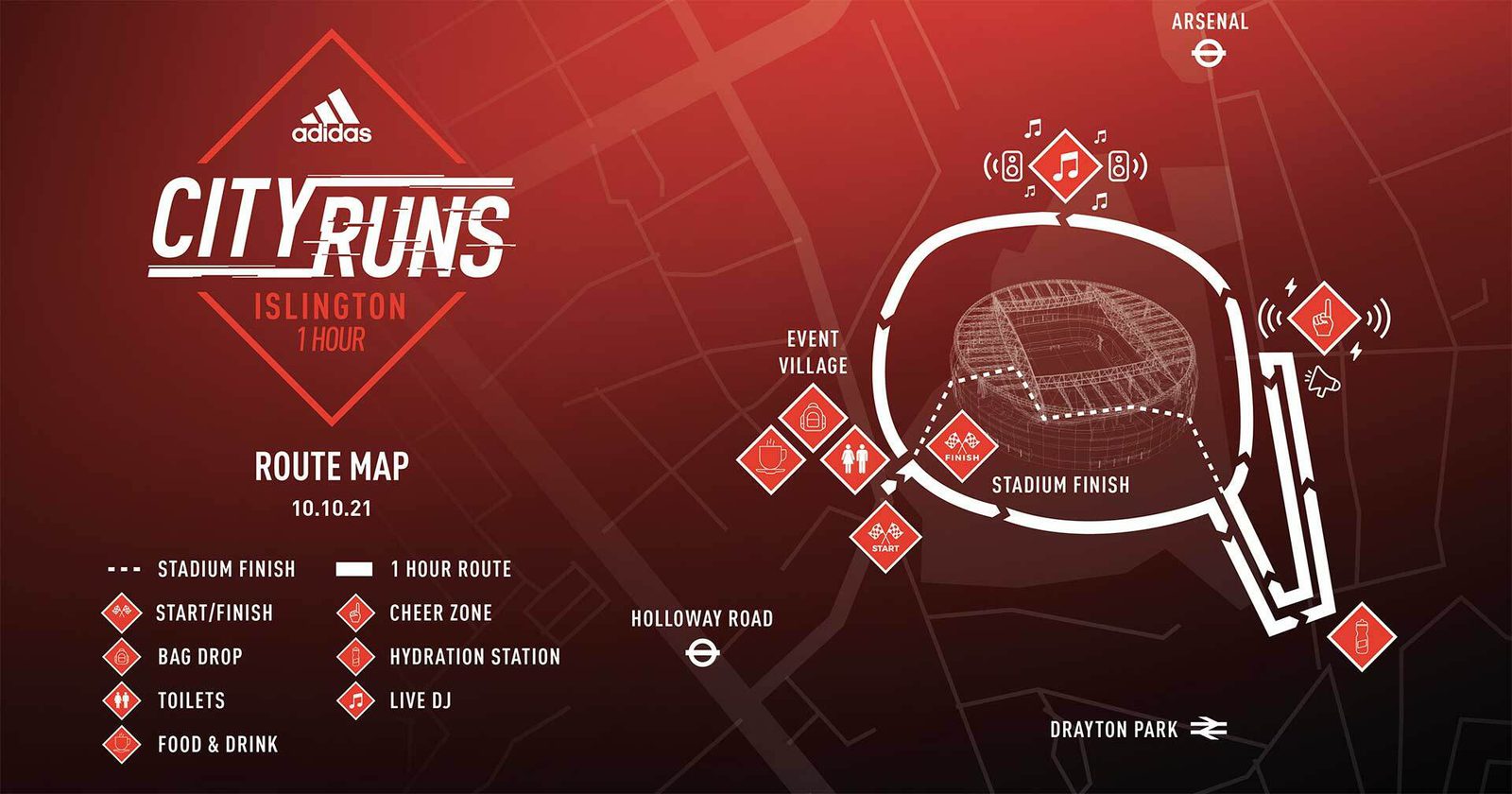 A City Runs Islington 1-hour route map. Key locations are marked, including start/finish, bag drop, toilets, food & drink, cheer zone, hydration station, live DJ, and stadium finish. Holloway Road and Drayton Park are shown on the map. Event date is 10.10.21.