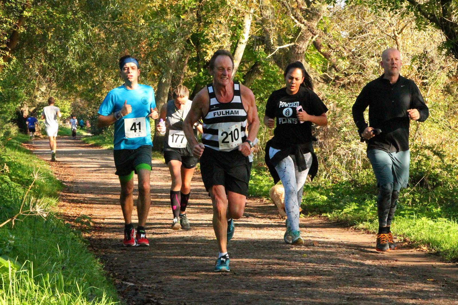 Runners in numbered bibs, including a man in a Fulham tank top (bib 210) and another in black (bib 41), race along a tree-lined path. Other participants in athletic wear are visible in the background on this sunny day.