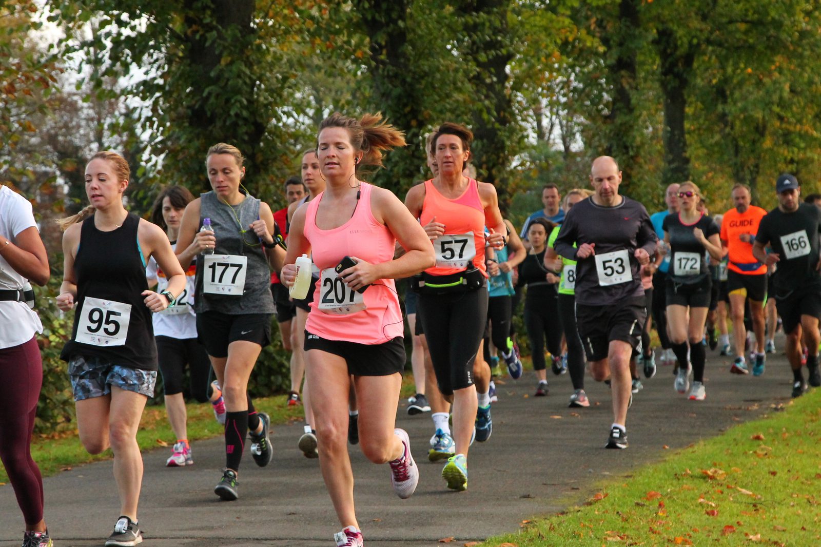 A group of runners participating in a race on a tree-lined path. Participants are diverse, wearing various athletic outfits and race bibs with numbers like 95, 177, 201, 57, and 53. The surroundings are lush with greenery, suggesting an outdoor park setting.