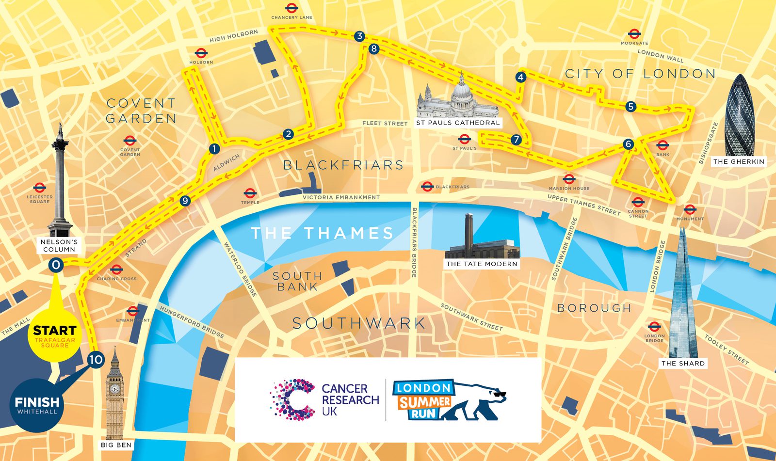 A colorful map illustrating the route for the Cancer Research UK London Summer Run, starting at Trafalgar Square, crossing over River Thames, passing landmarks including St Paul's Cathedral and The Gherkin, and finishing near Big Ben.
