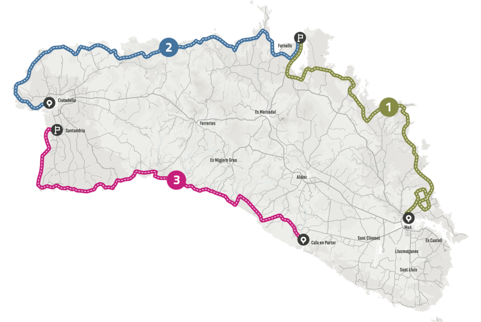 A map illustrating three distinct routes marked in different colors: a blue route (2) along the northern coastline, a green route (1) on the northeastern section, and a pink route (3) along the southern coastline. Each route has designated parking spots.