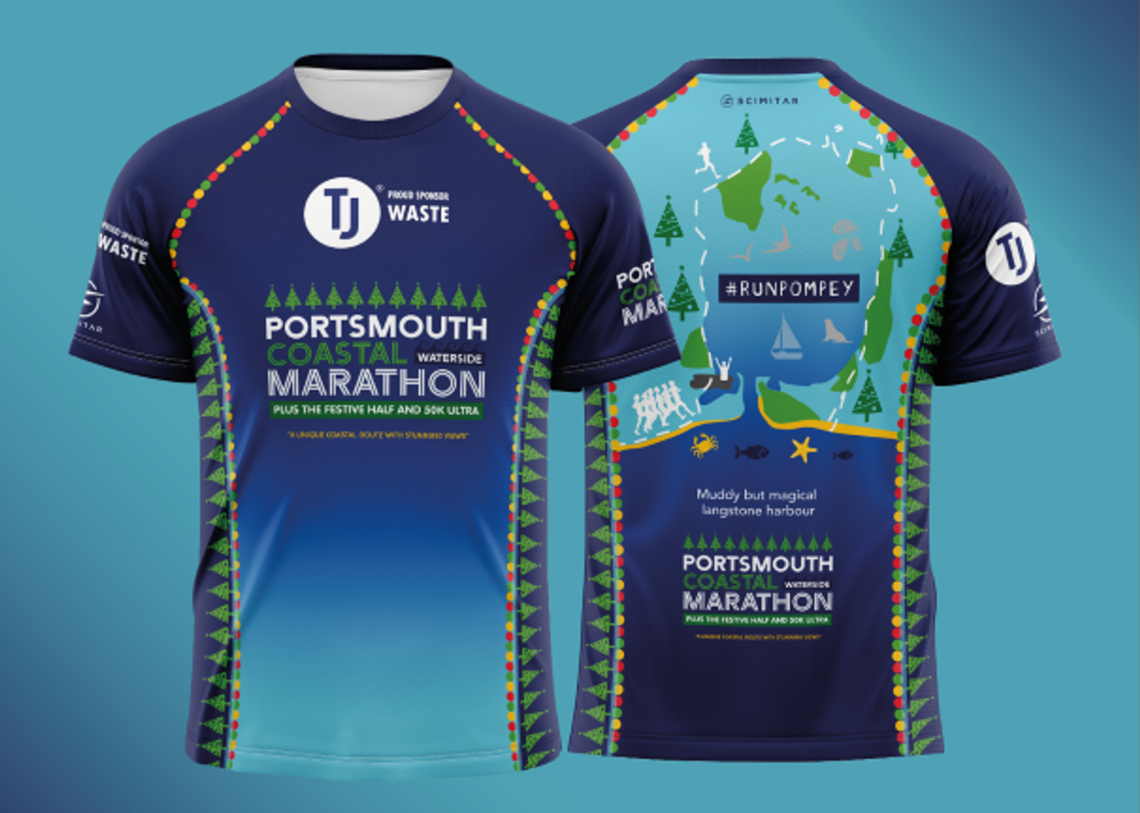 Front and back views of a navy blue marathon shirt with green and light blue accents. The front reads "Portsmouth Coastal Waterbore Marathon" with various sponsor logos. The back features a coastal map and the hashtag "#RunPompey," plus the marathon name in smaller text.