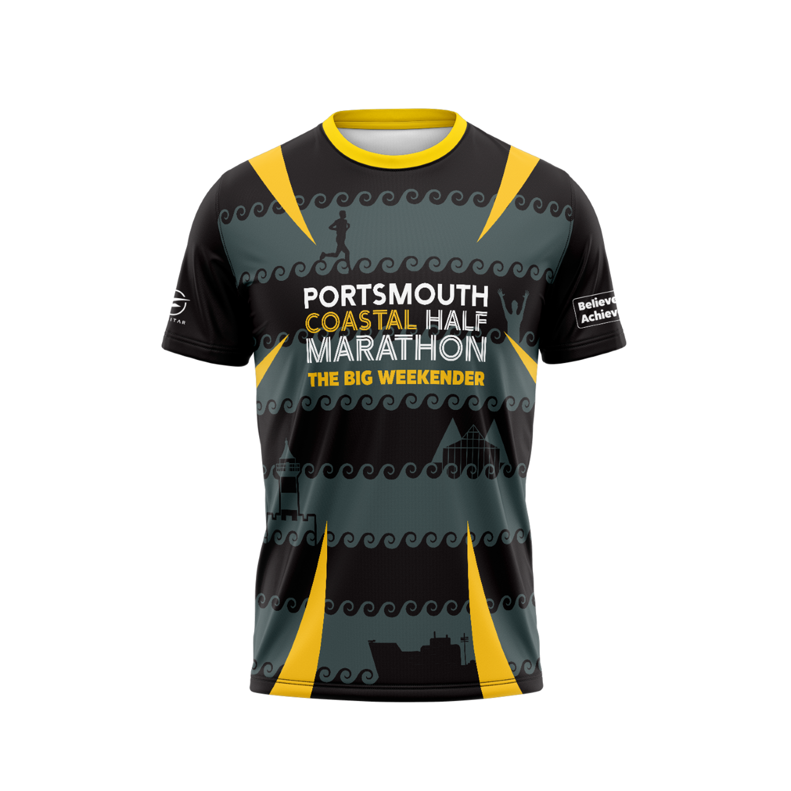 A black T-shirt designed for the "Portsmouth Coastal Half Marathon: The Big Weekender." It features wavy patterns with yellow accents and various graphics, including lighthouses and a silhouette of a running figure. The sleeves say "Believe & Achieve.