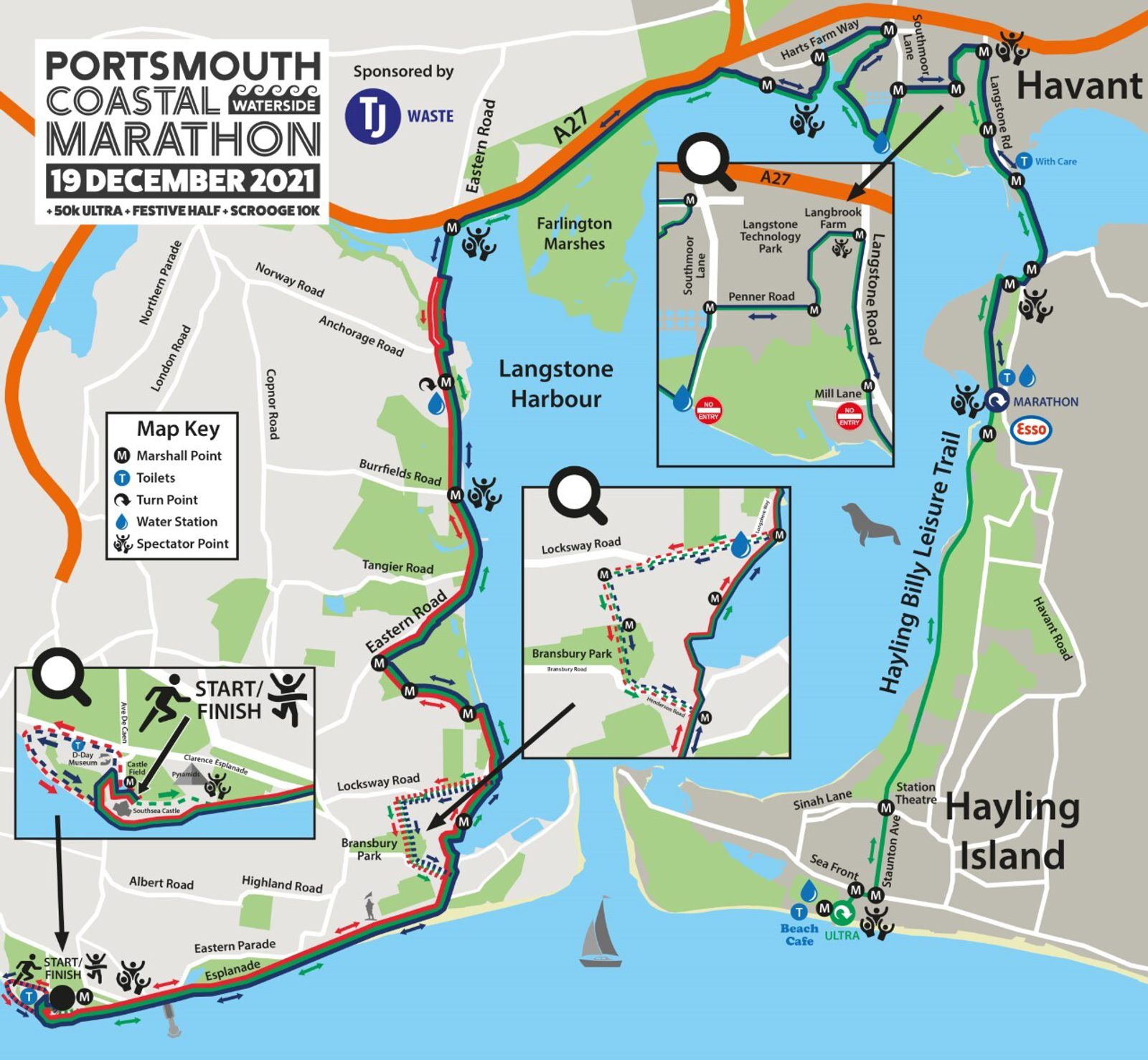 A map of the Portsmouth Coastal Marathon route, starting and finishing at South Parade Pier. The route travels through Portsmouth, Langstone Harbour, Farlington Marshes, and Hayling Island. The map includes water stations, shelter points, toilets, and marshal locations.