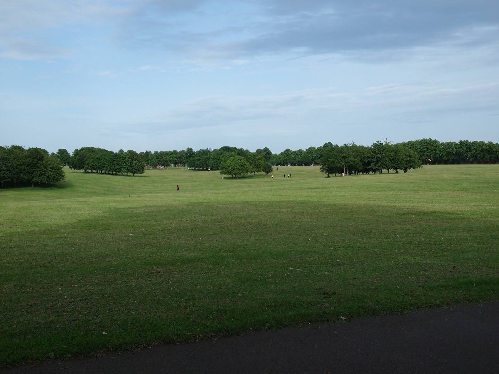 A vast, green park with open grass fields and scattered trees under a partly cloudy sky. A few people can be seen in the distance enjoying the serene environment. A paved pathway runs along the lower edge of the image.