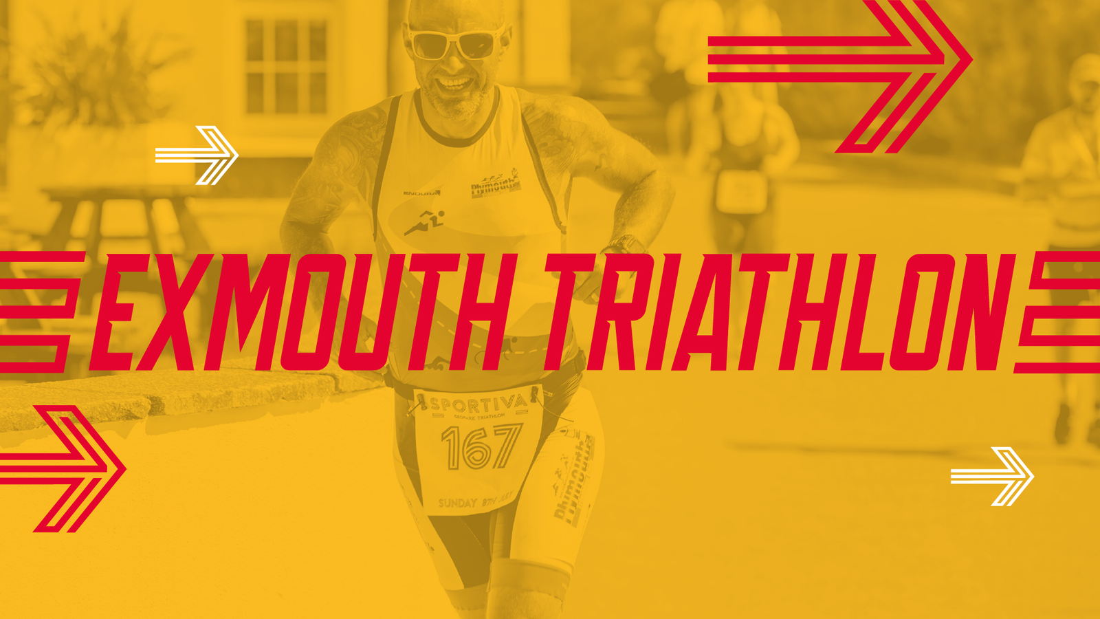 A triathlete wearing a yellow tank top with the number 167 runs in the Exmouth Triathlon, as seen on a bold red overlay text. The entire image is filtered with a yellow hue and includes red arrows pointing in both directions.