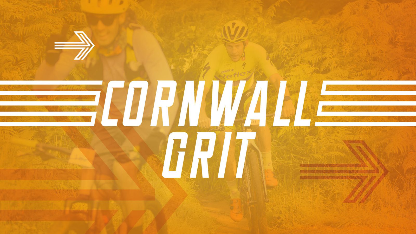 Image featuring 'Cornwall Grit' text overlaying two cyclists in motion, with one cyclist in the foreground and the other in the background, surrounded by orange-tinted natural scenery and directional arrow designs.